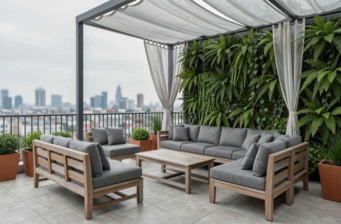 Terrasse extérieure moderne avec mobilier en teck, carrelage grand format et mur végétal selon les dernières tendances du design extérieur