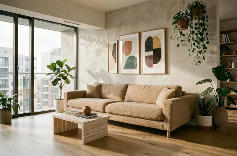 Salon contemporain minimaliste avec canapé en bouclé, table en travertin et mur en chaux texturé reflétant les tendances actuelles du design intérieur