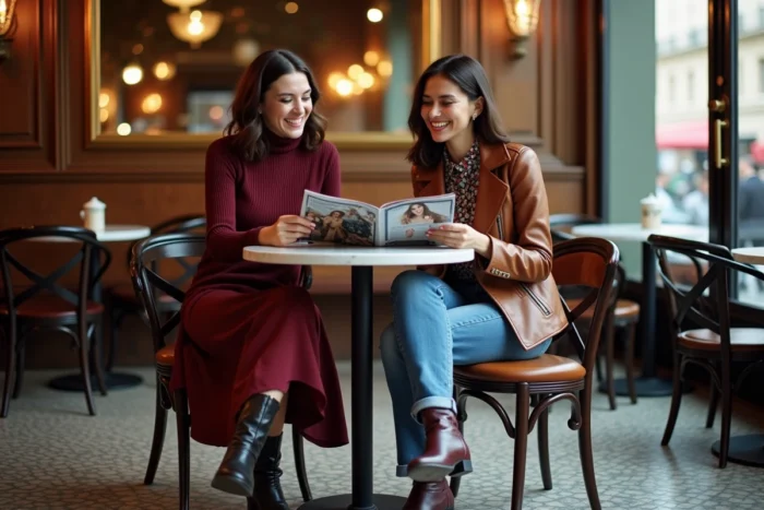 Deux femmes tendance discutant mode autour d'un magazine dans un café parisien chaleureux, arborant les styles incontournables de la saison automnale