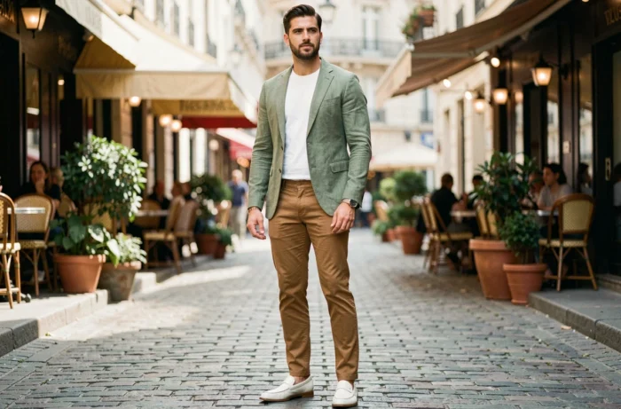 Homme élégant en blazer lin vert sauge et chino camel, style mode masculine tendance dans une rue parisienne