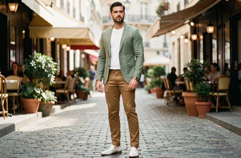 Homme élégant en blazer lin vert sauge et chino camel, style mode masculine tendance dans une rue parisienne