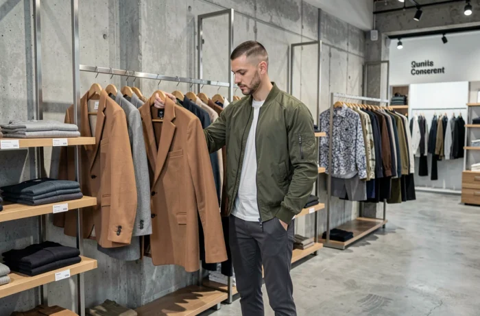 Homme en veste bomber olive examinant des vêtements tendance dans un concept store de mode moderne aux murs en béton