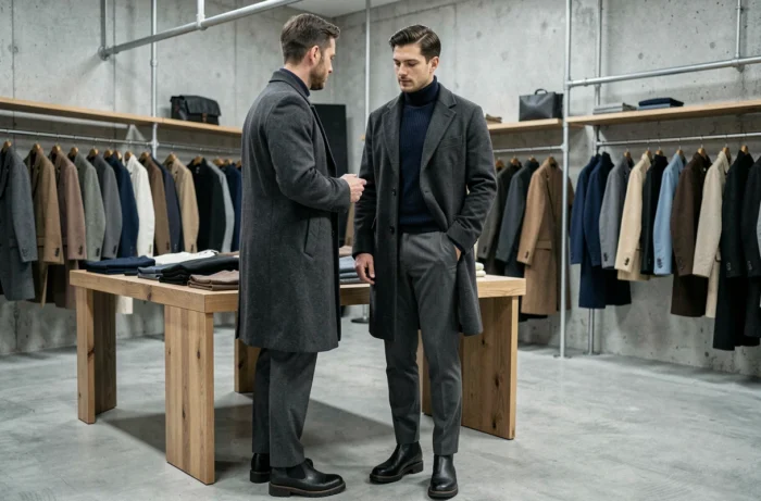 Homme tendance en manteau en laine charbon et col roulé marine dans un concept store minimaliste