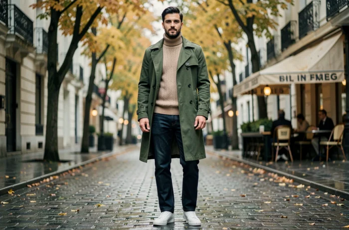 Homme tendance en trench coat vert et pull col roulé dans une rue pavée européenne sous l'atmosphère automnale