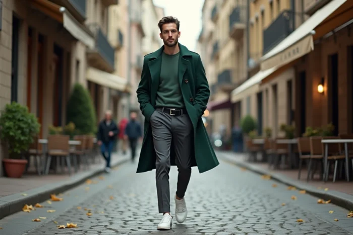 Homme stylé en trench-coat vert forêt et sneakers blancs marchant dans une rue pavée européenne, incarnant les nouvelles tendances mode masculines de la saison