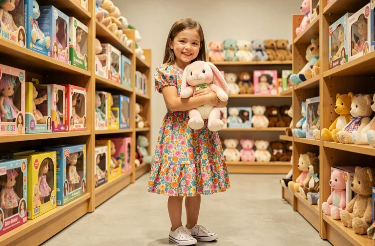 Petite fille souriante tenant une peluche lapin dans un magasin de jouets coloré, vêtue d'une robe fleurie tendance 2024