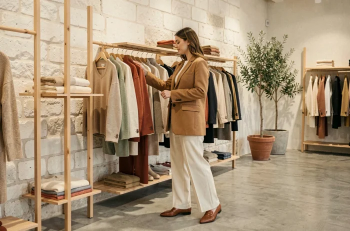 Femme élégante en blazer camel et pantalon large crème explorant les nouvelles tendances mode dans une boutique parisienne minimaliste