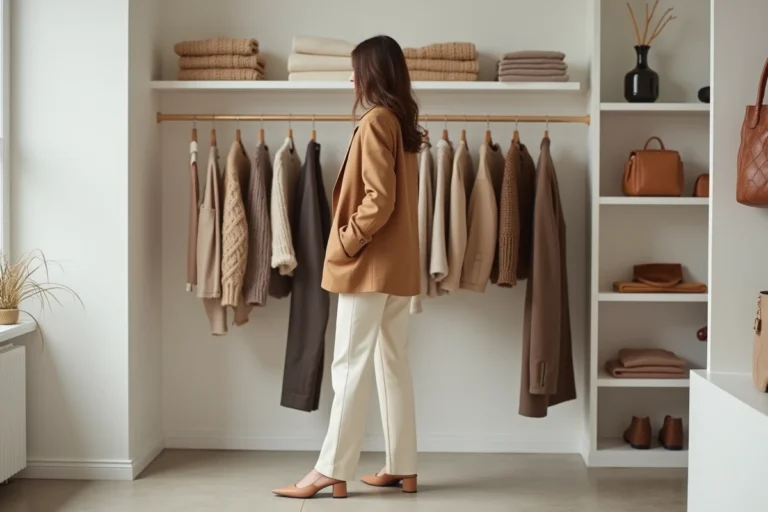 Femme élégante en blazer camel oversize et pantalon large crème découvrant les tendances mode de la saison dans une boutique parisienne minimaliste