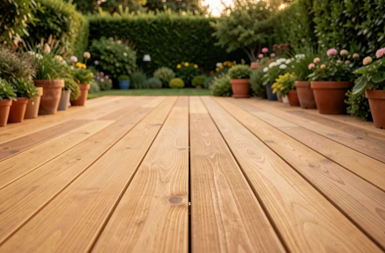 Terrasse en bois de teck avec planches dorées et jardin verdoyant en arrière-plan, vue en perspective au ras du sol