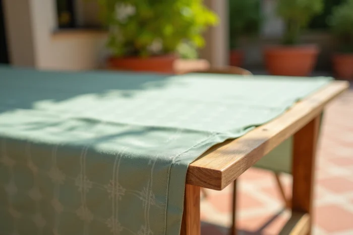 Gros plan sur la texture d'une nappe anti UV verte sur table en teck, comparaison avec bois exposé au soleil