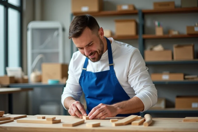 Travailleur handicapé en ESAT assemblant des pièces en bois dans un atelier protégé, illustrant le travail en établissement et service d'aide par le travail