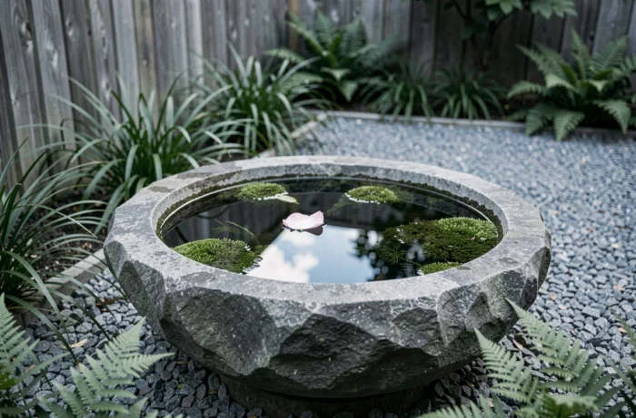 Schale aus Naturstein, gefüllt mit klarem Wasser, integriert in einen minimalistischen Garten mit Kies und Farnen