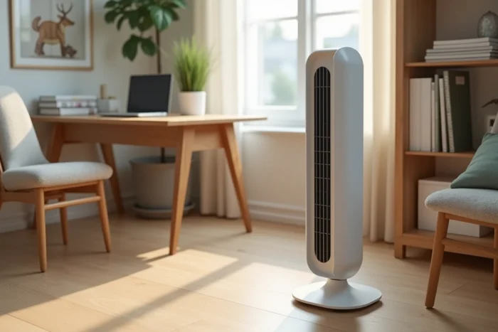 Ventilateur colonne blanc installé dans un bureau à domicile avec parquet en chêne et étagères en arrière-plan