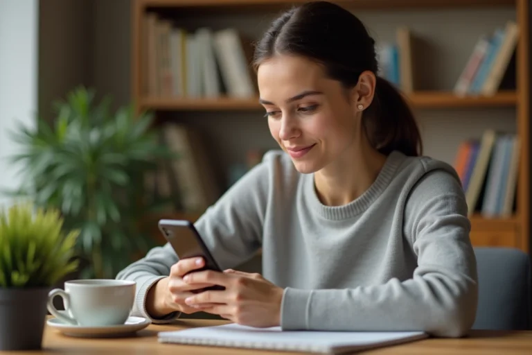 Jeune femme consultant ses invitations envoyées sur Instagram depuis son smartphone dans un bureau à domicile