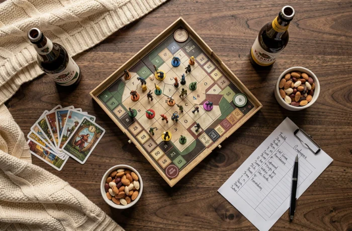 Vue aérienne d'une table préparée pour une soirée jeux avec plateau de jeu, cartes et collations